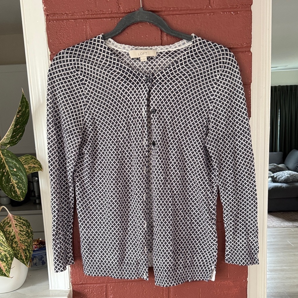 LOFT Navy and White Geometric Lightweight Cardigan